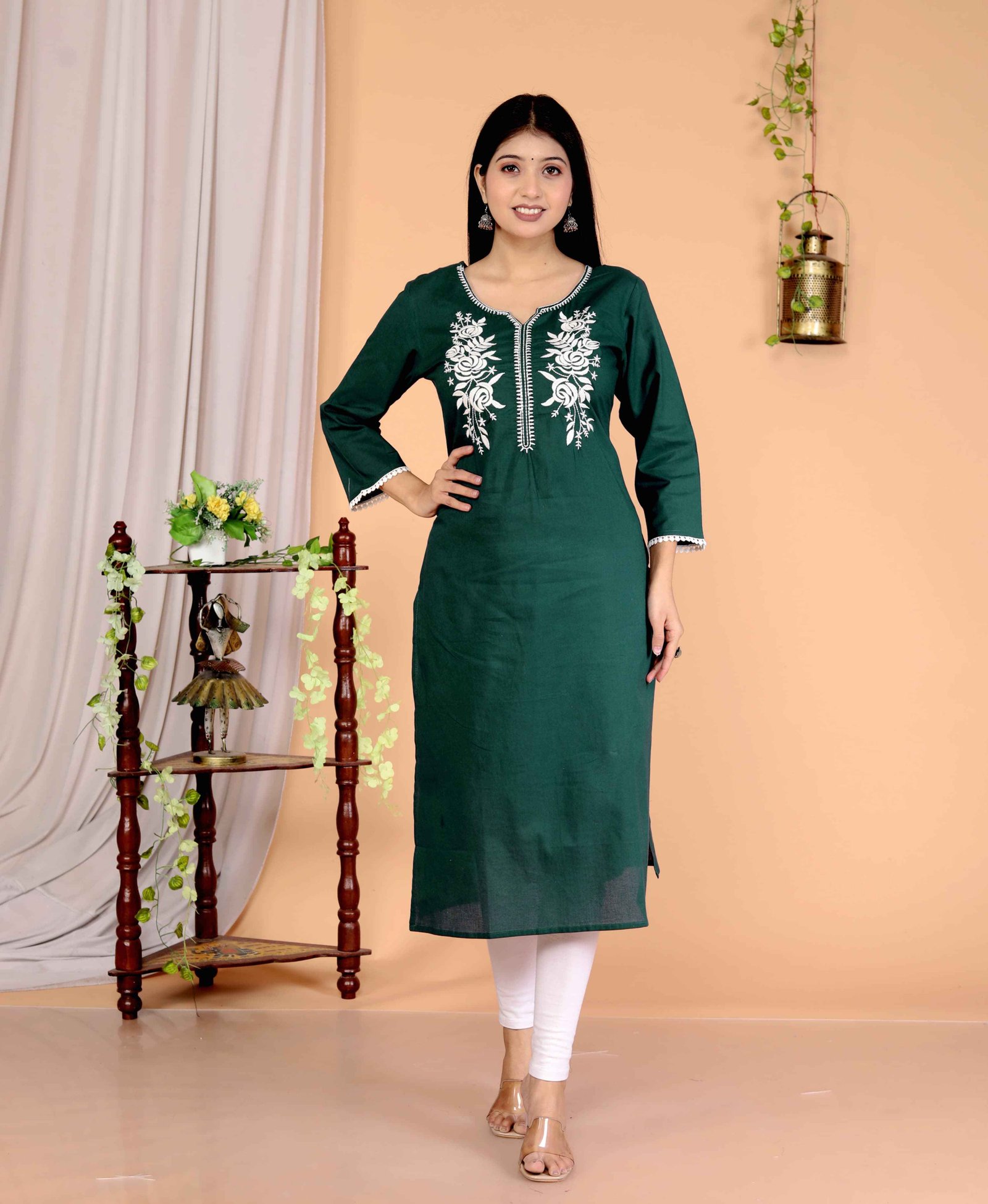 Teal blue  Cotton Straight Kurta with white  Floral Yoke Embroidery”